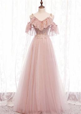 Picture of Pink V-neckline Lace Off Shoulder Long Party Dresses, Pink Floor Length Formal Dresses